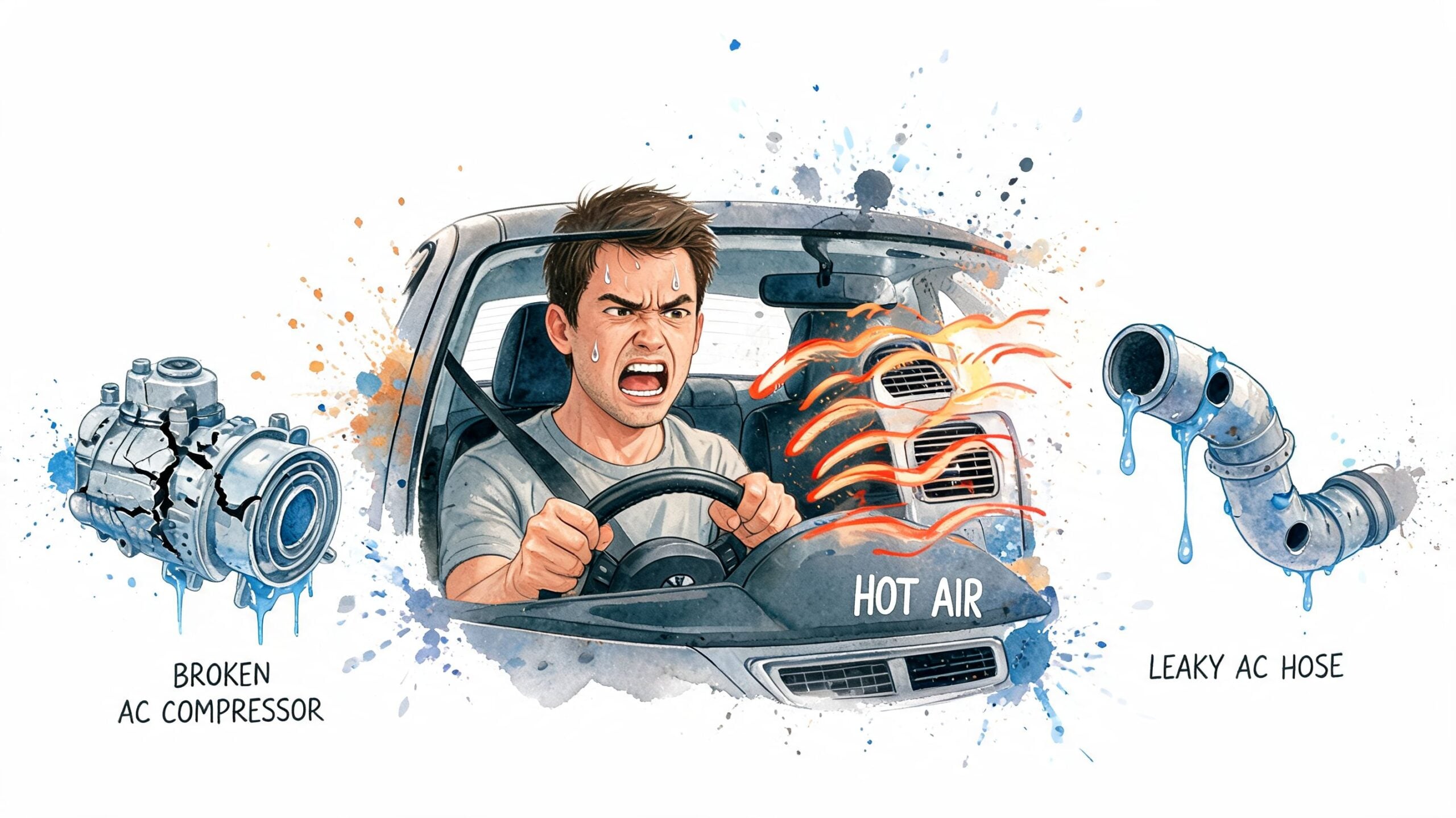 A frustrated driver in a car with broken air conditioning, a faulty compressor, and leaking hoses.