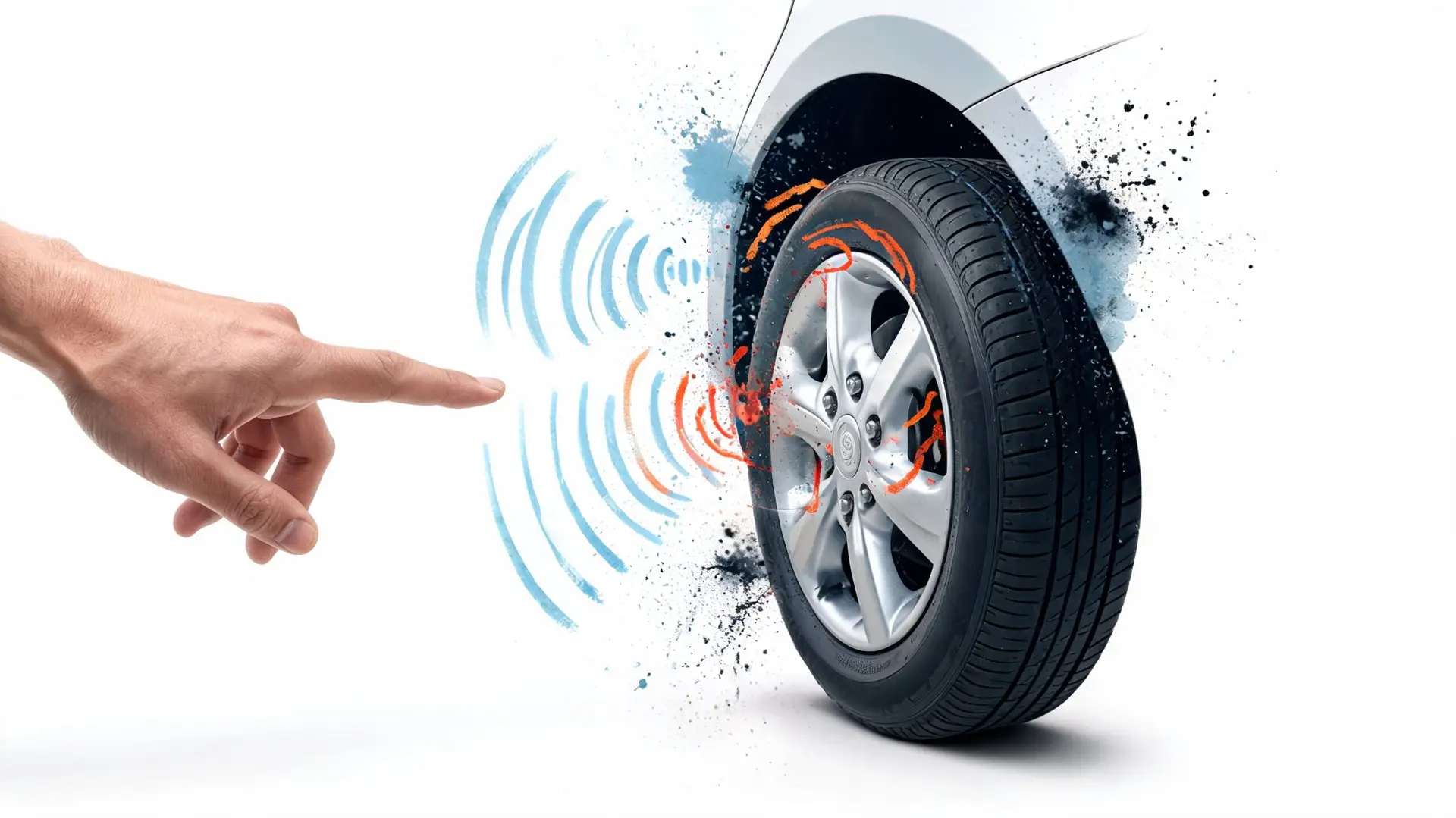 A hand pointing at a car back wheel with digital signal waves indicating a wheel bearing issue.