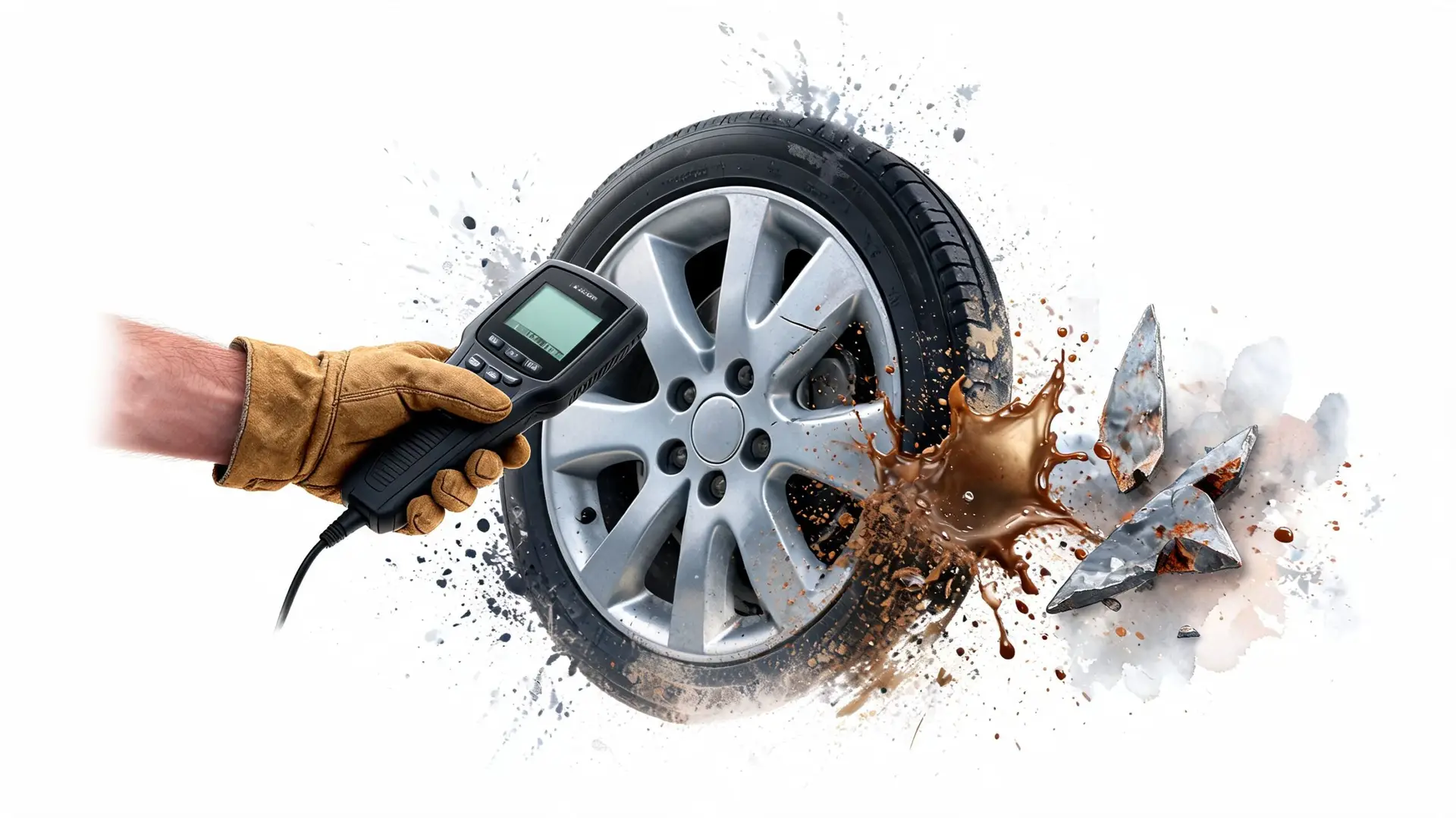 A gloved hand holding a diagnostic tool next to a car wheel with mud splatter and debris.