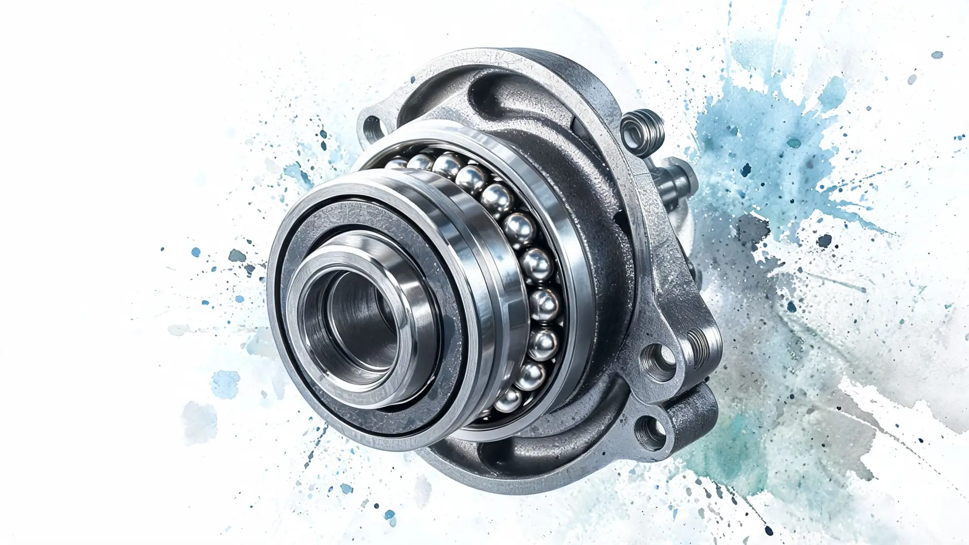 A close-up studio shot of a modern automotive back wheel bearing assembly on a white background.