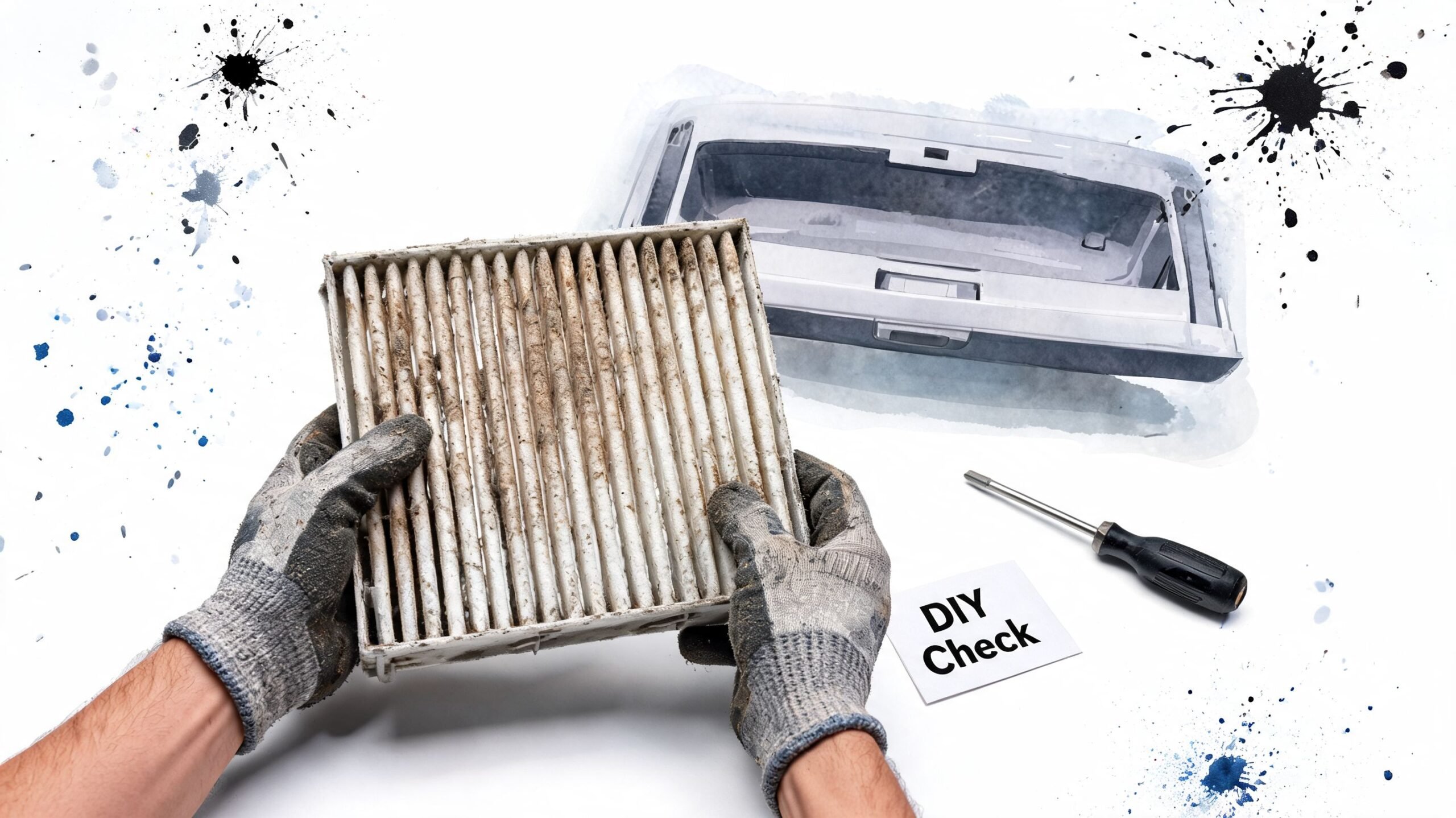 A person wearing work gloves holds a dirty car cabin air filter for inspection with tools nearby.
