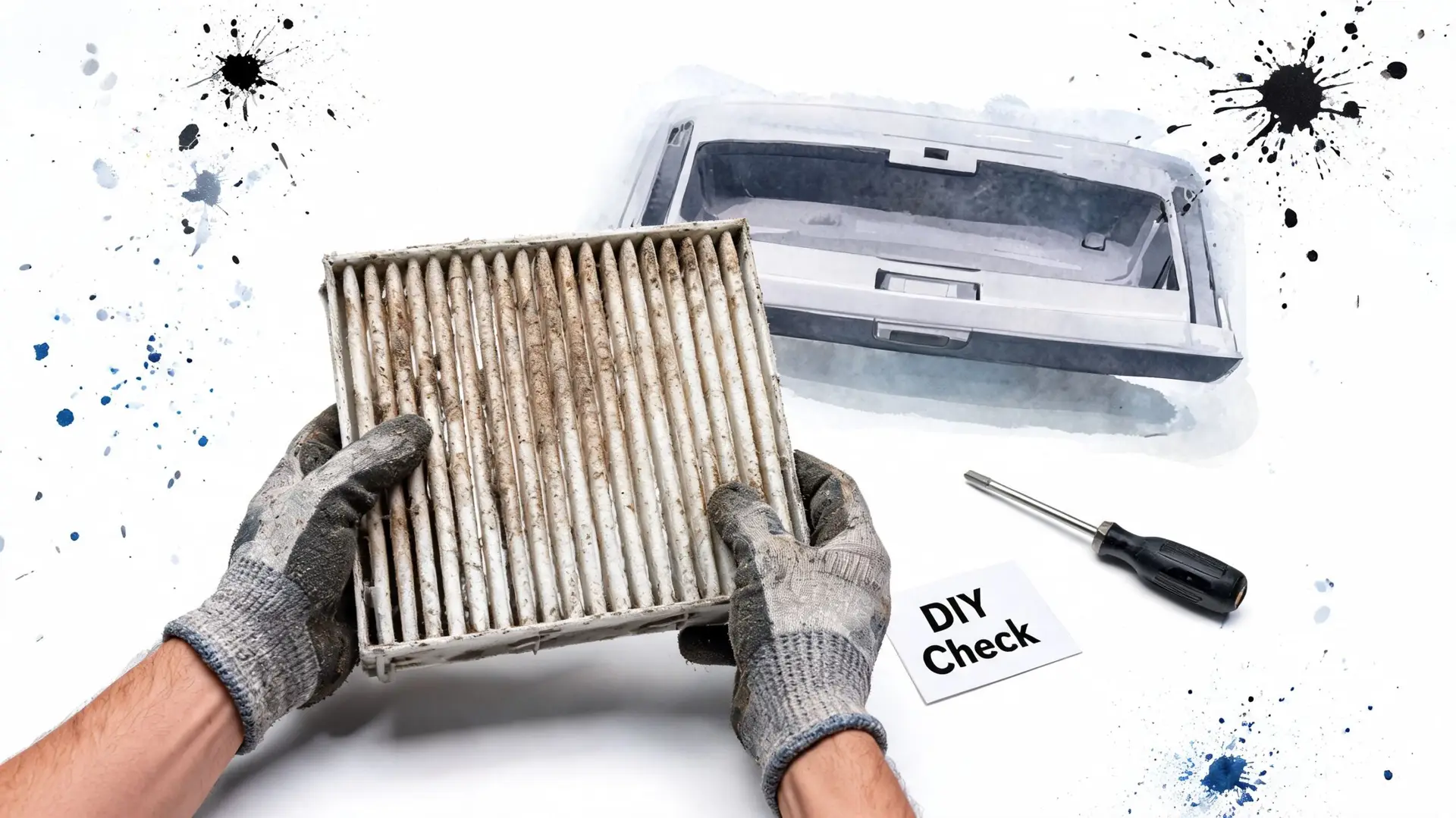 A person wearing work gloves holds a dirty car cabin air filter for inspection with tools nearby.