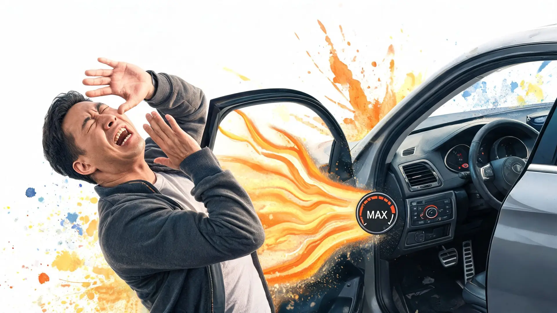 A man reacting in shock to an intense blast of hot air coming from a car interior.