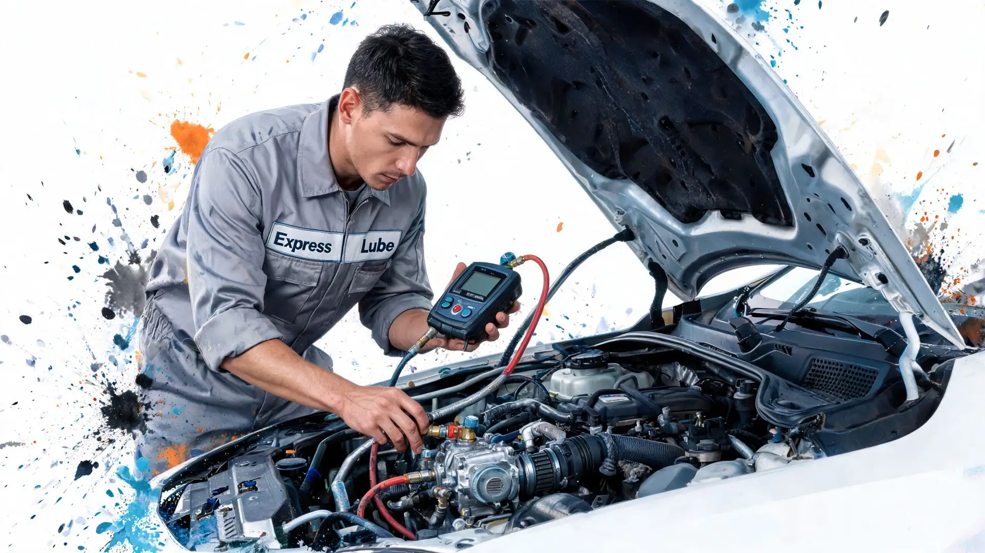 A professional mechanic in a gray jumpsuit uses a diagnostic tool to troubleshoot a car air conditioner.