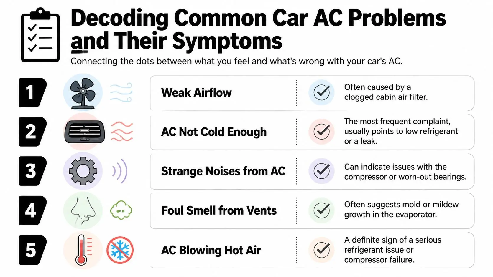 An infographic titled Decoding Common Car AC Problems and Their Symptoms with five common issues listed.