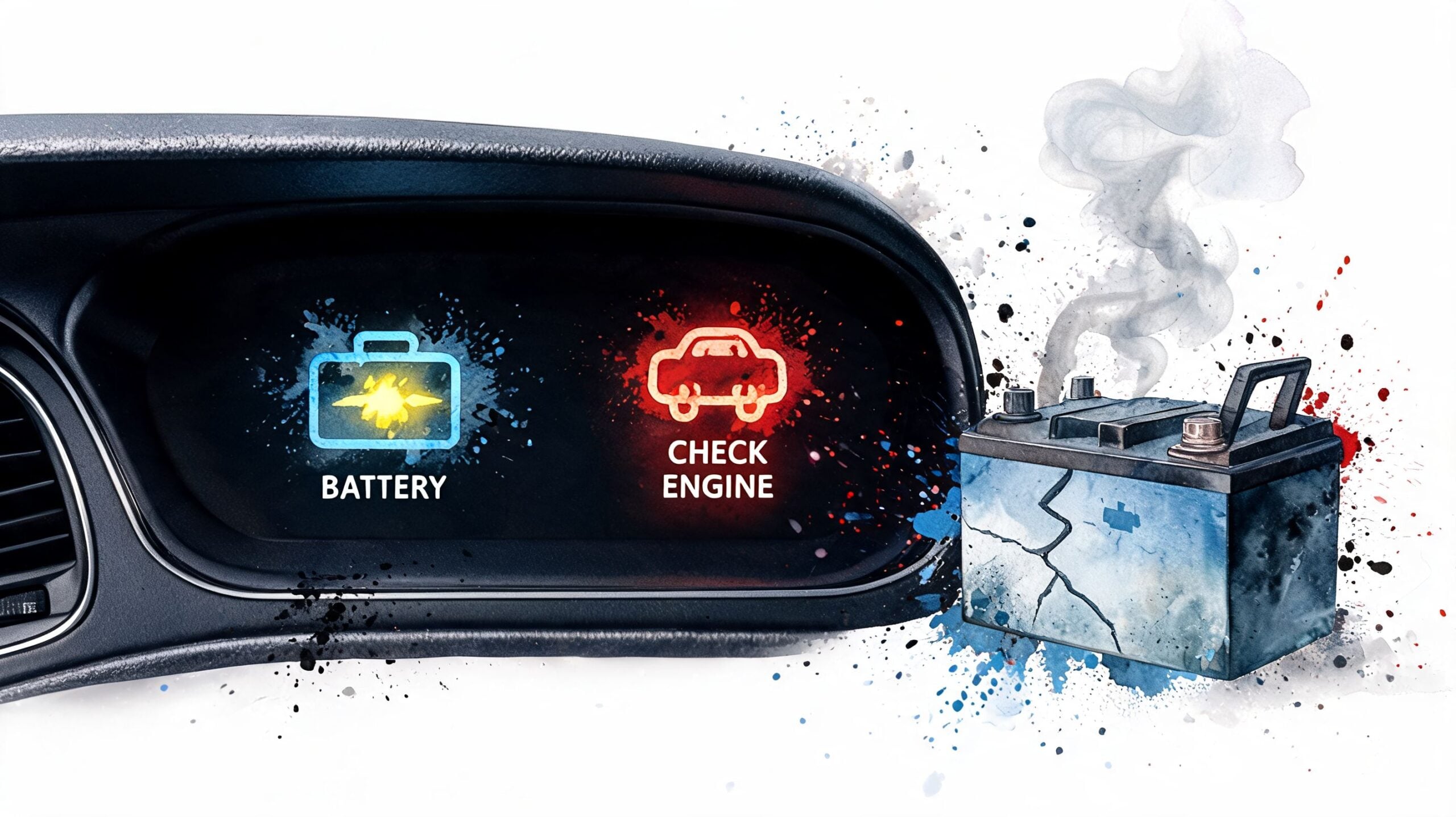 Dashboard showing battery and check engine warning lights next to a smoking, broken car battery.
