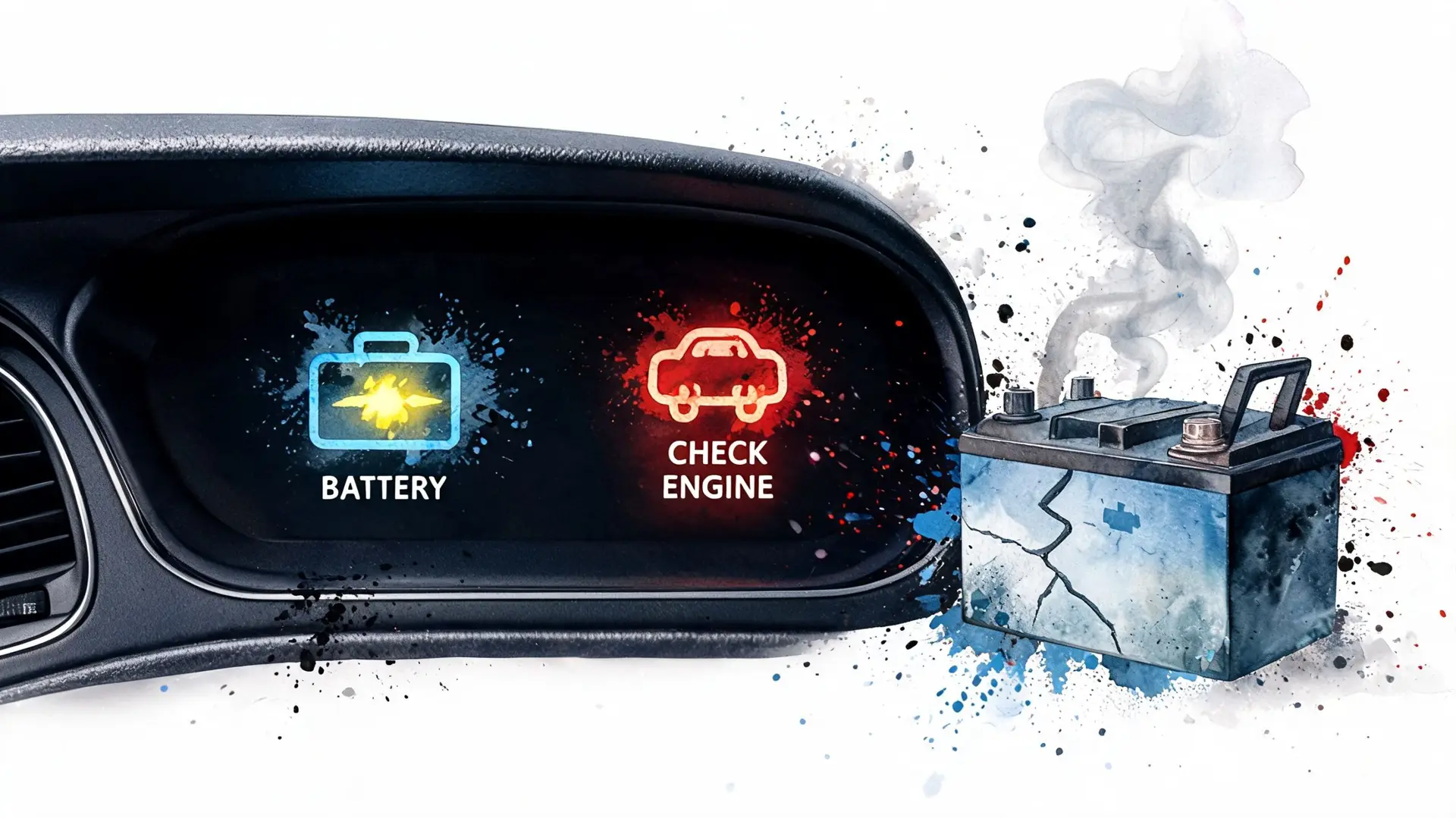 Dashboard showing battery and check engine warning lights next to a smoking, broken car battery.