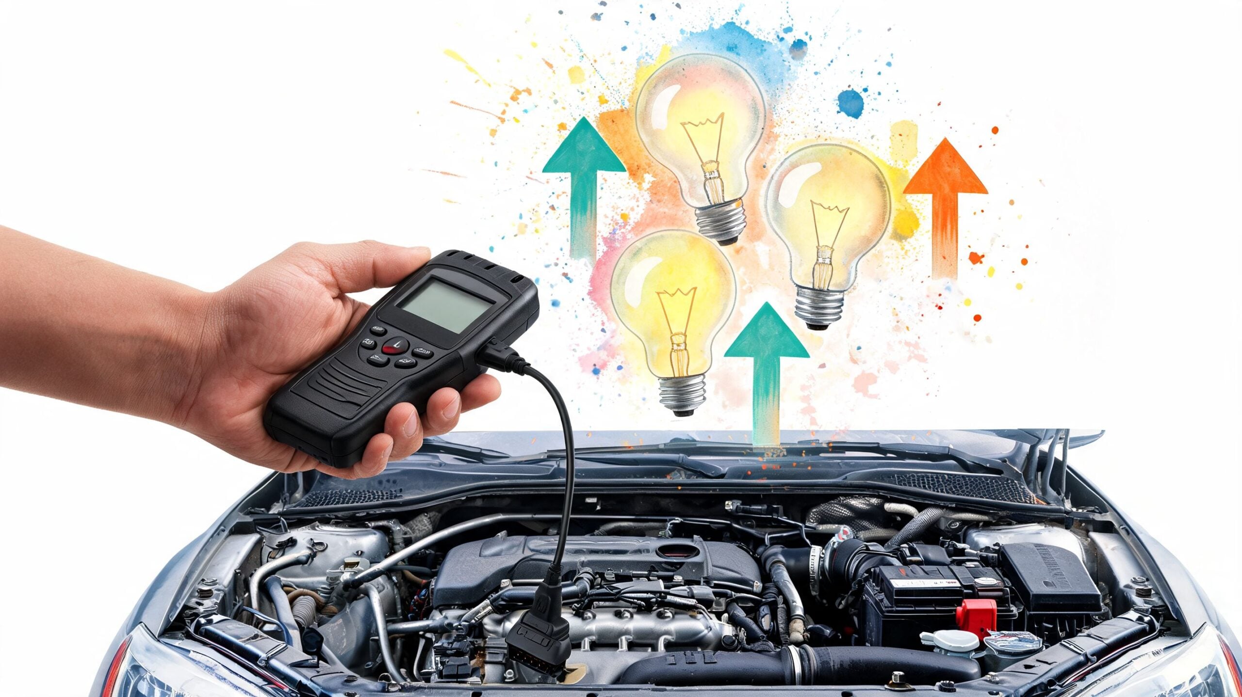 A hand holding a car diagnostic scanner connected to an engine bay with colorful lightbulb icons above.