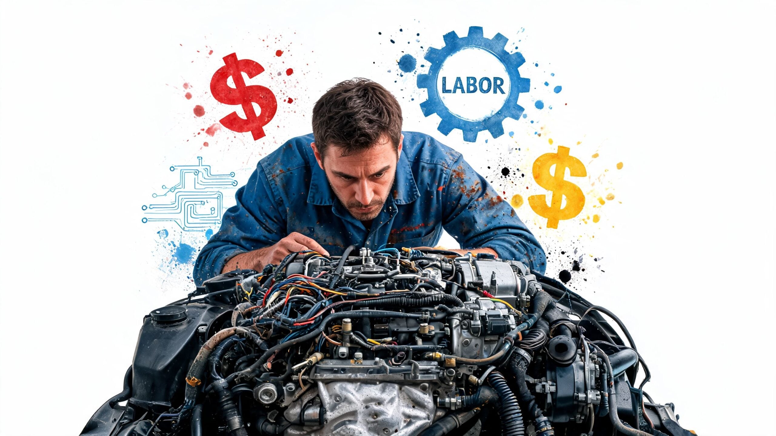 A professional mechanic in a dirty uniform carefully inspecting a complex car engine for repair.