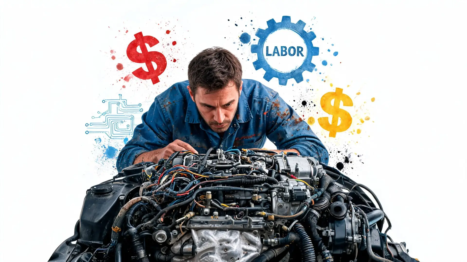 A professional mechanic in a dirty uniform carefully inspecting a complex car engine for repair.