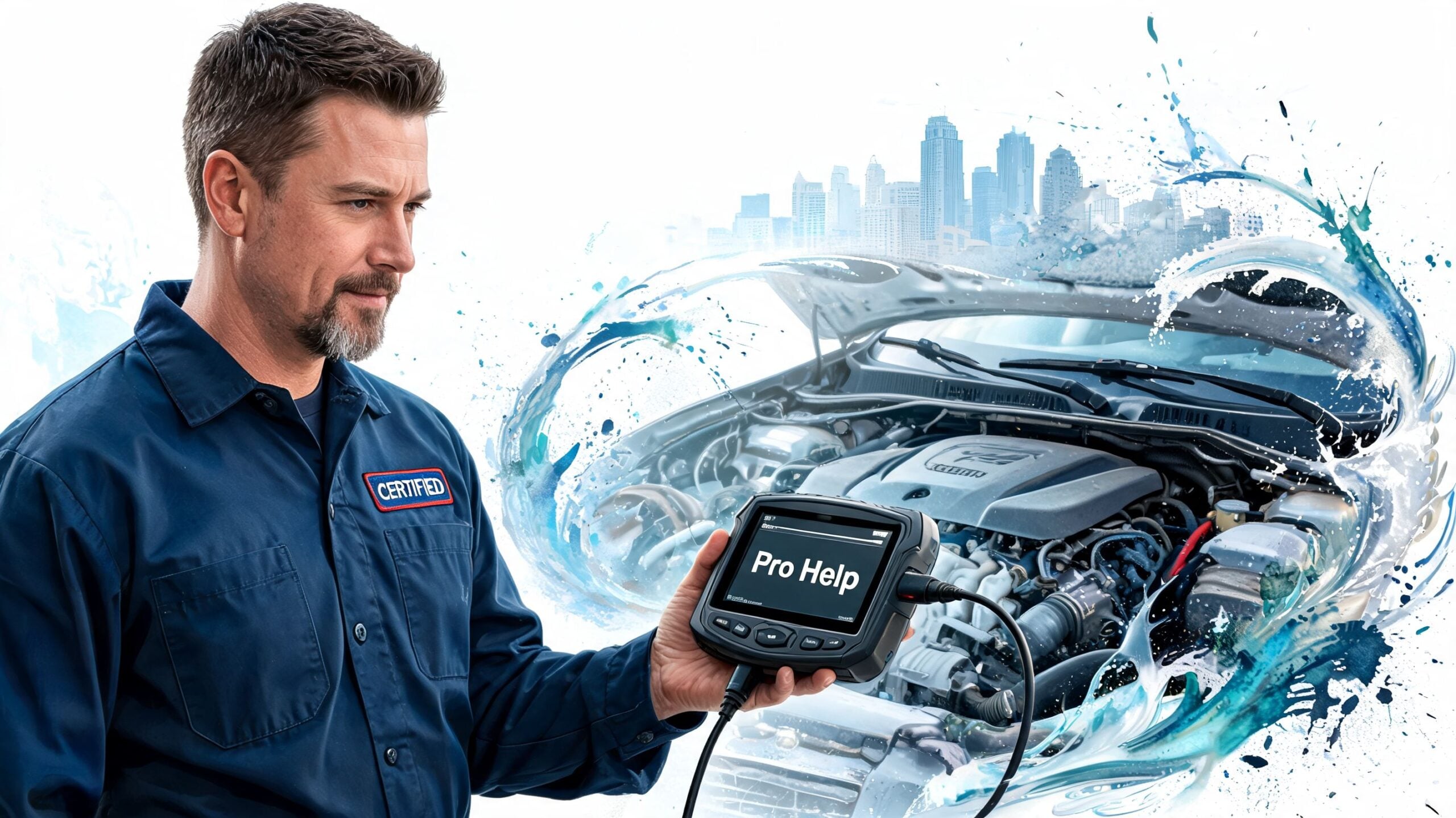 A certified professional technician diagnosing car AC and heater issues using a professional automotive diagnostic scanner tool.
