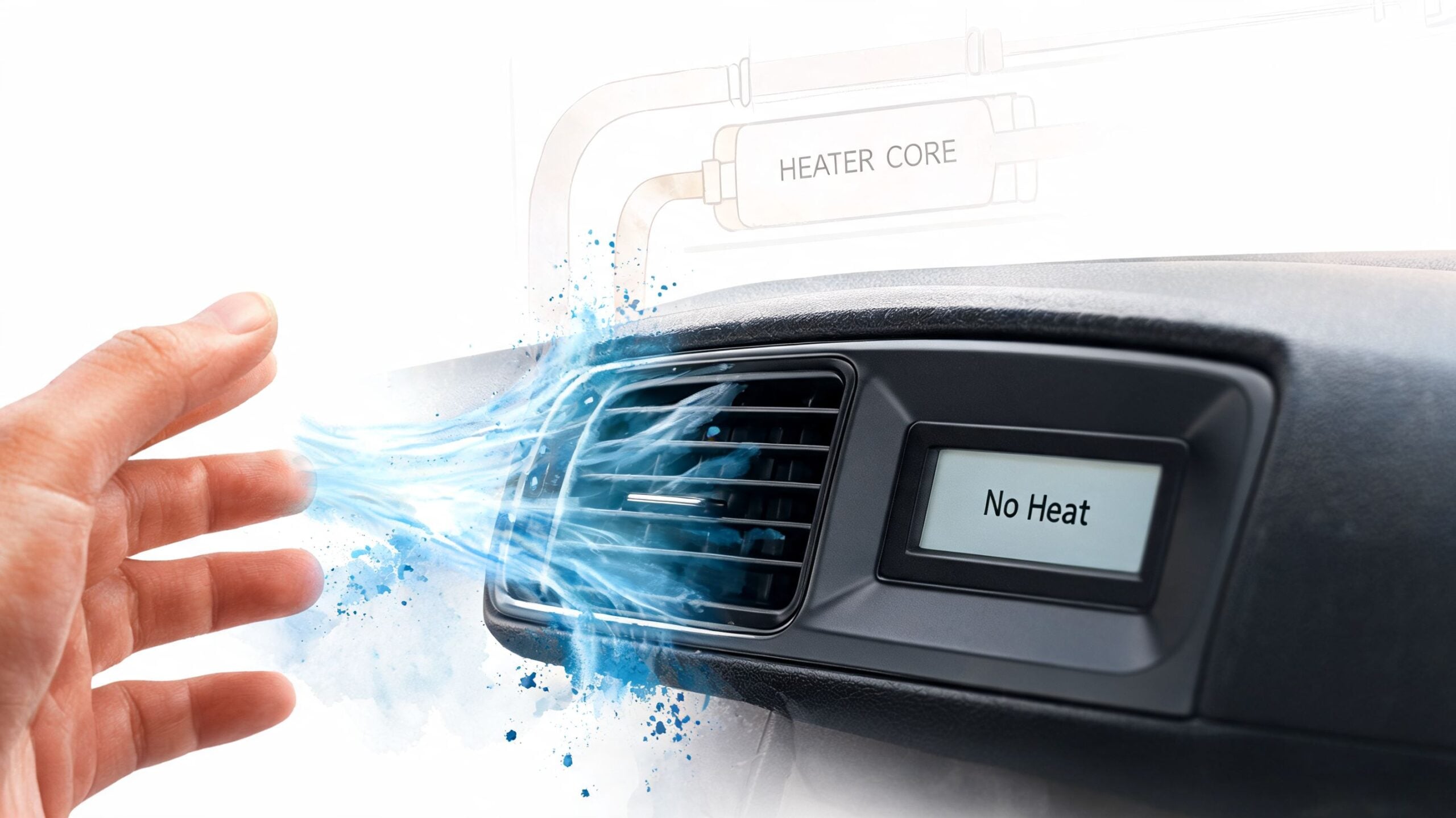 A hand reaching toward a car dashboard vent blowing cold air with a No Heat display warning.