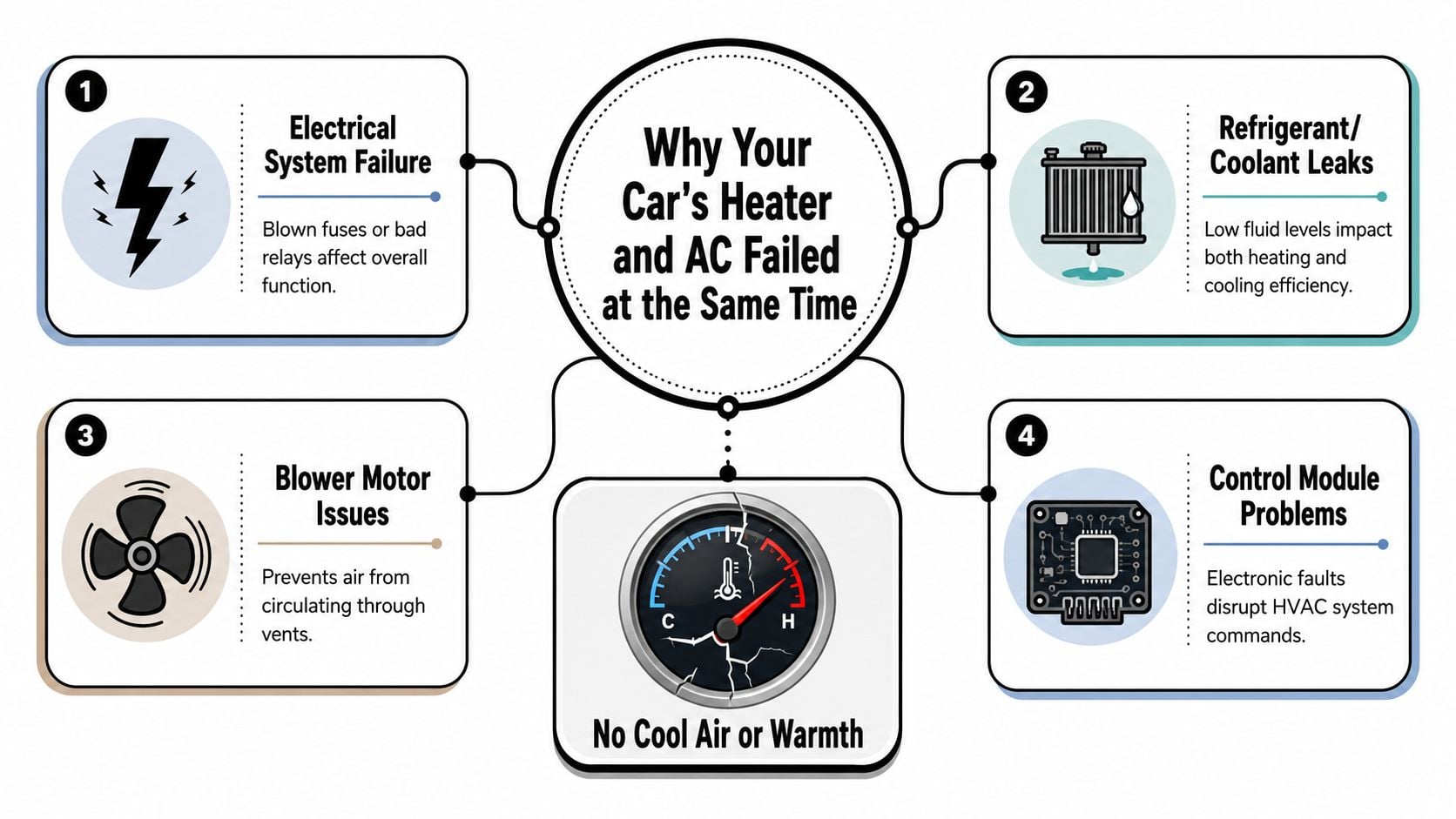 A diagram outlining four common reasons why both a car's heater and air conditioning systems fail simultaneously.