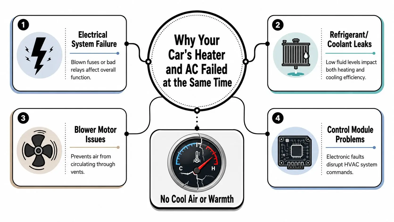 A diagram outlining four common reasons why both a car's heater and air conditioning systems fail simultaneously.