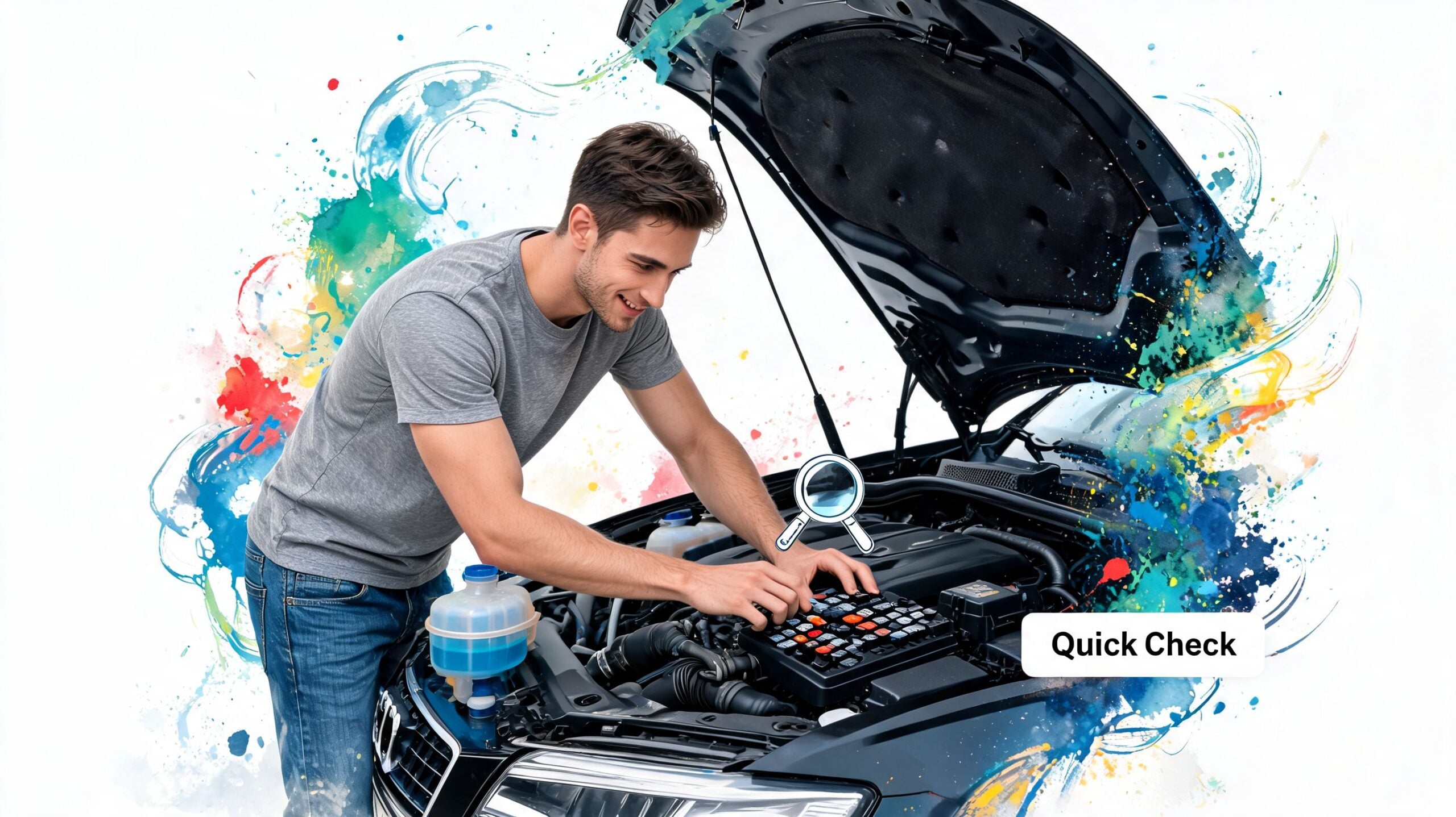 A smiling young mechanic performing a quick inspection on a car engine with an open hood.