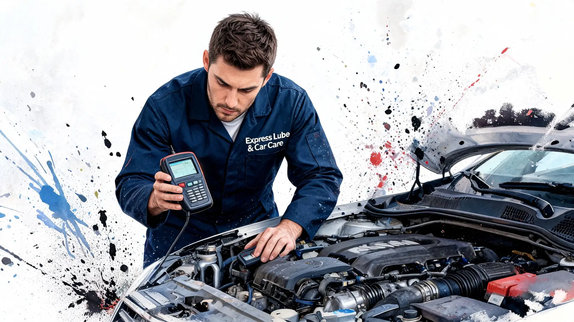 A professional mechanic in a blue uniform diagnosing a car engine using a handheld diagnostic scanner device.