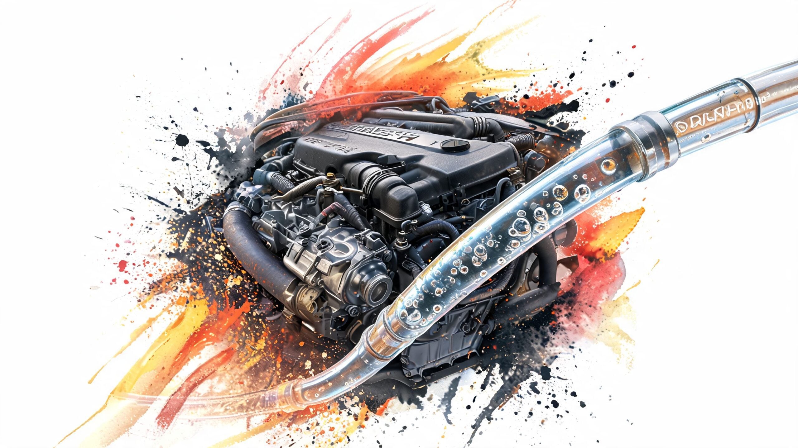 A detailed car engine connected to a clear fuel pipe showing vapor bubbles, artistic watercolor background splash.