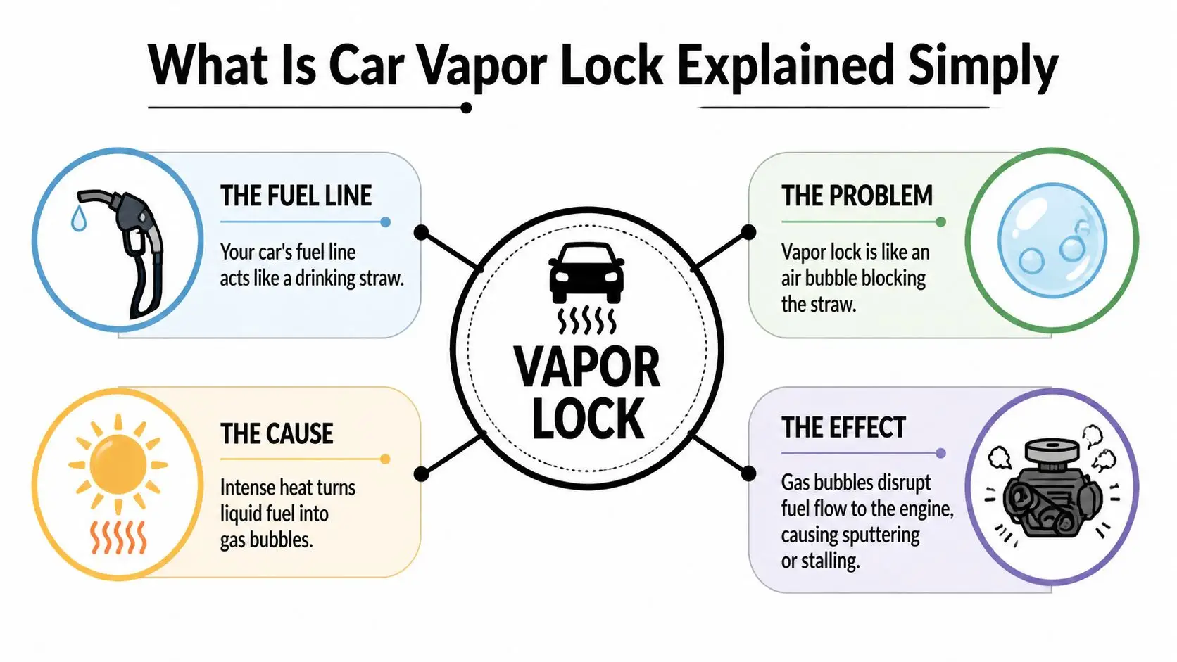 An infographic explaining car vapor lock, showing how heat causes fuel to turn into gas bubbles that block flow.
