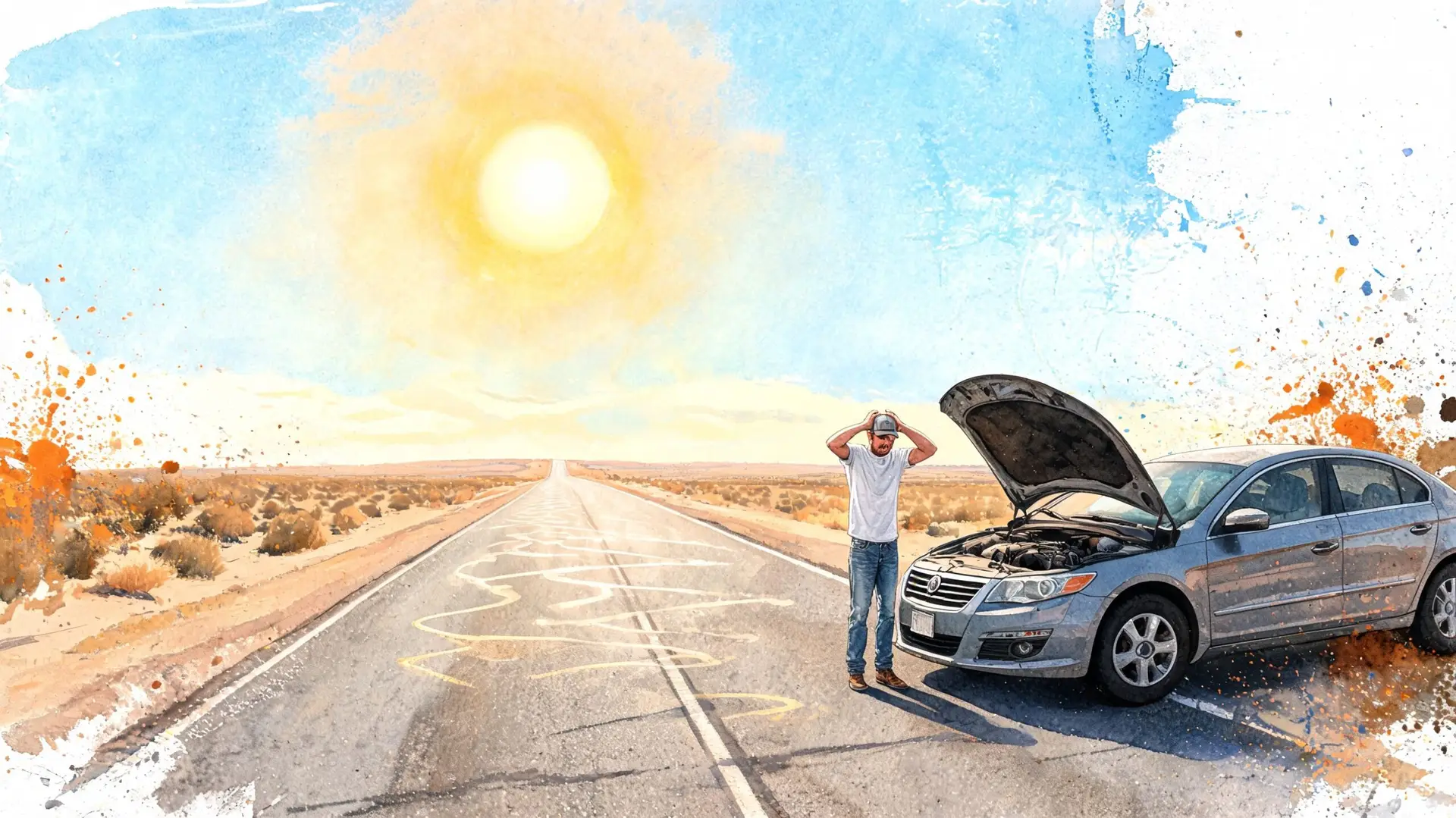A distressed man stands by his car with an open hood on a hot, sunny desert highway.
