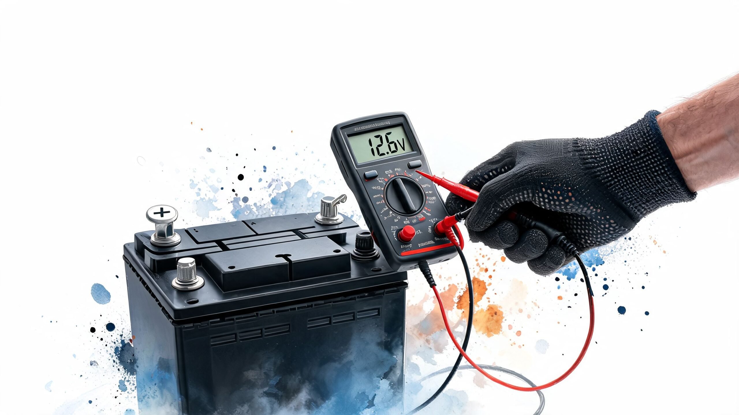 A technician wearing a black glove uses a digital multimeter to check the voltage of a car battery.