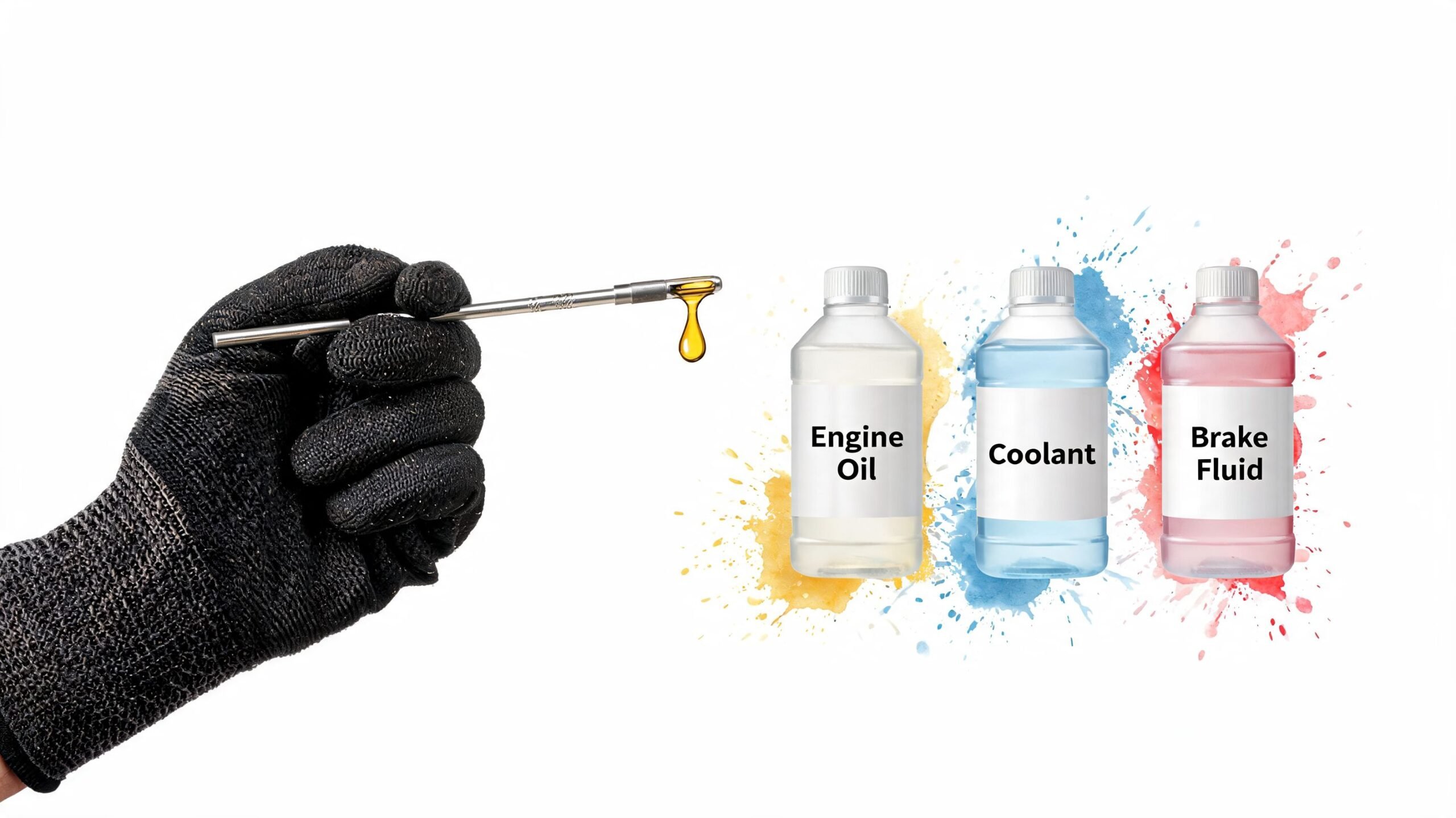 A gloved hand holding a dipstick with oil next to bottles of engine oil, coolant, and brake fluid.