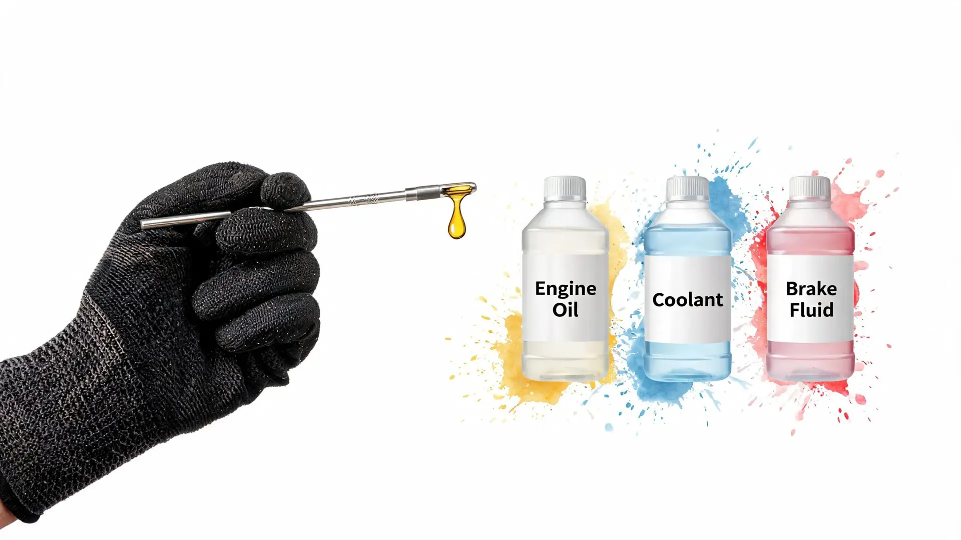 A gloved hand holding a dipstick with oil next to bottles of engine oil, coolant, and brake fluid.