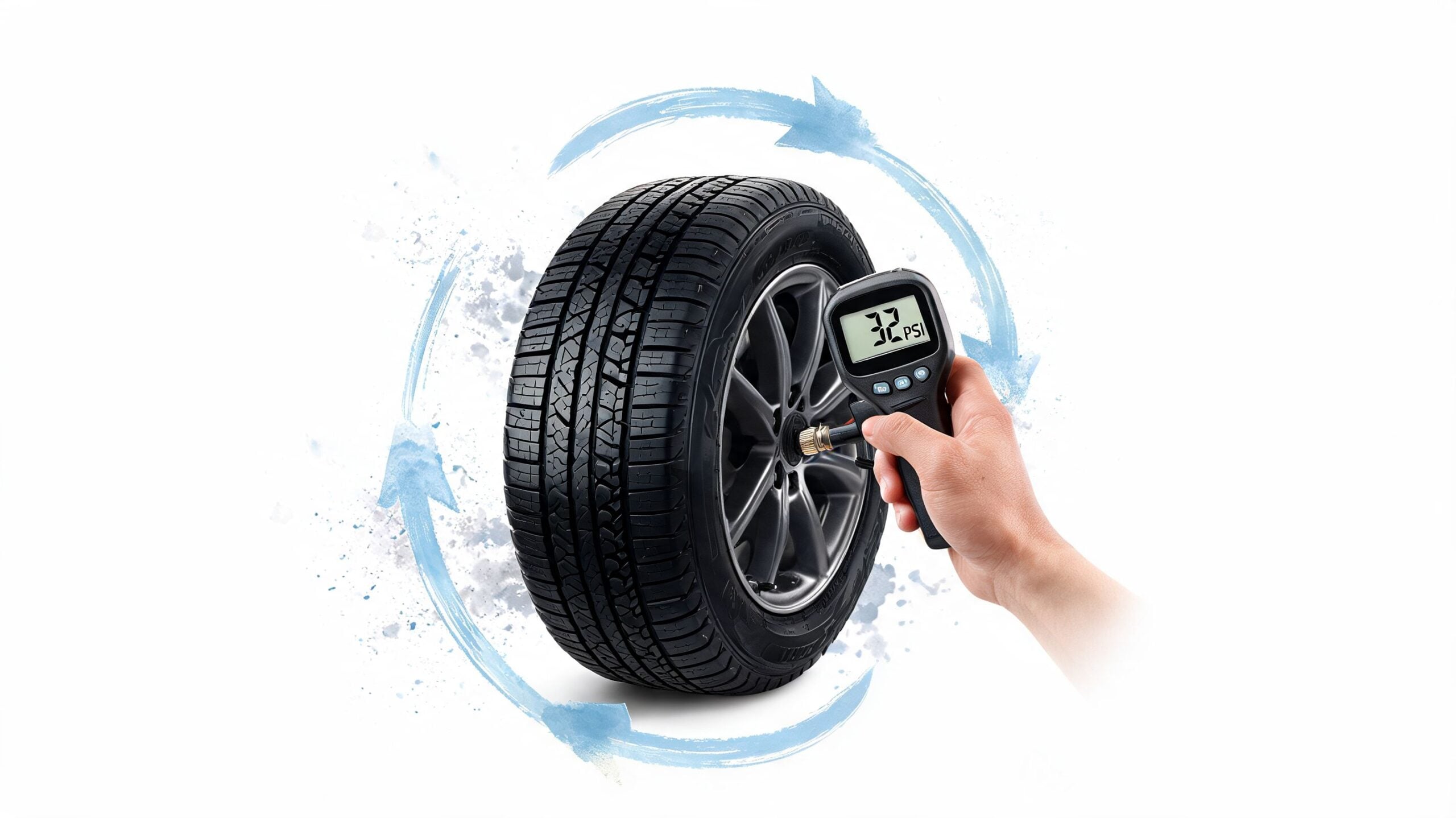 A hand holding a digital tire pressure gauge measuring a car tire against a circular background.