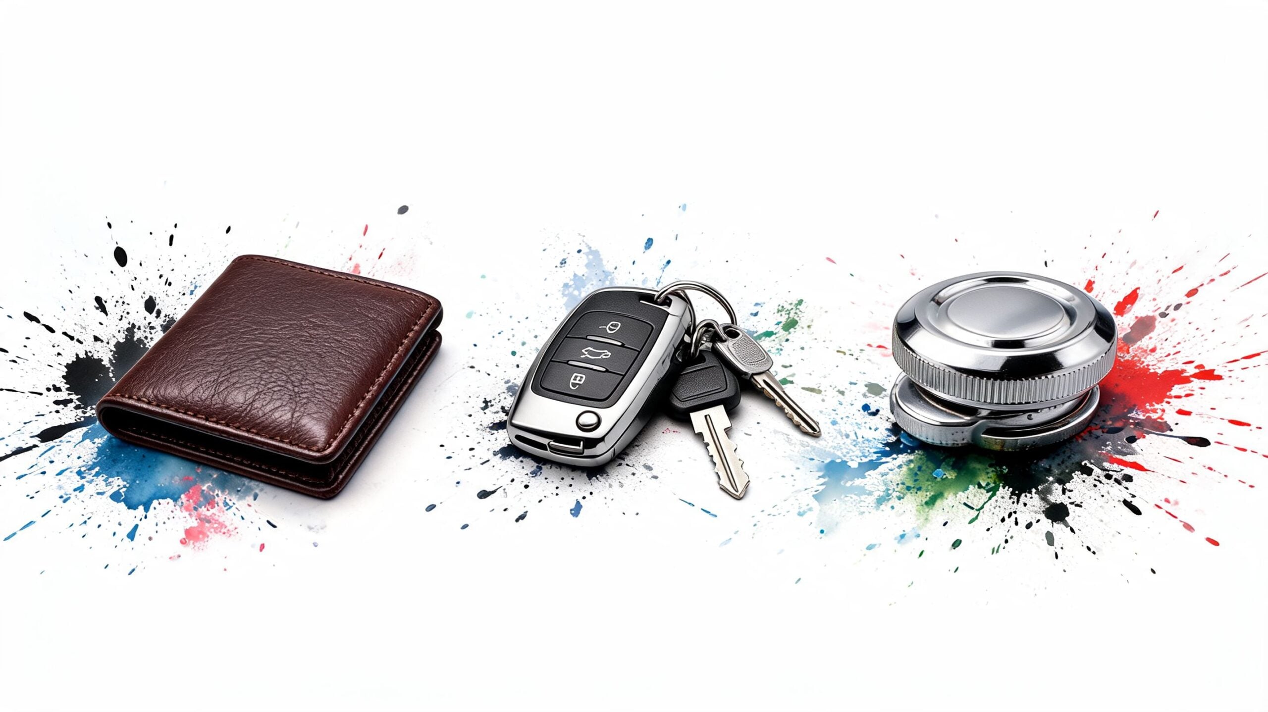 A leather wallet, car key fob, and coolant cap displayed against a white background with colorful paint splashes.