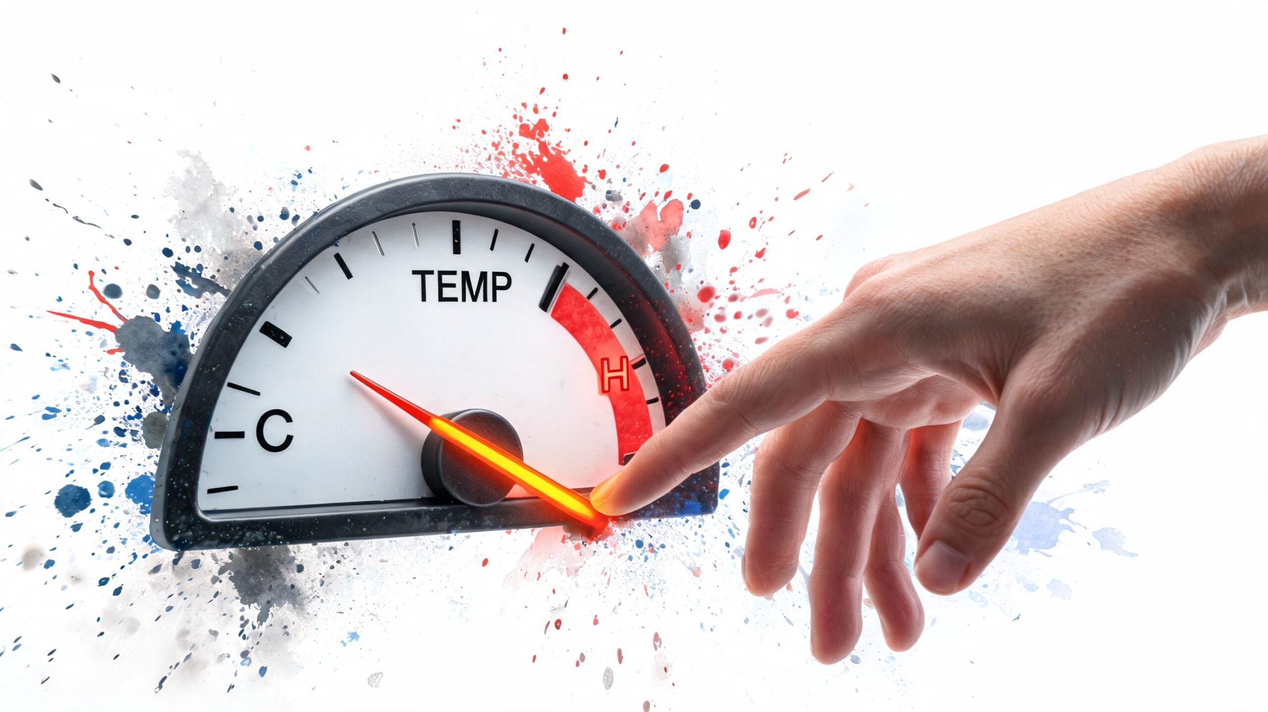A hand touches a glowing temperature gauge needle pointing toward the red hot zone on a white background.