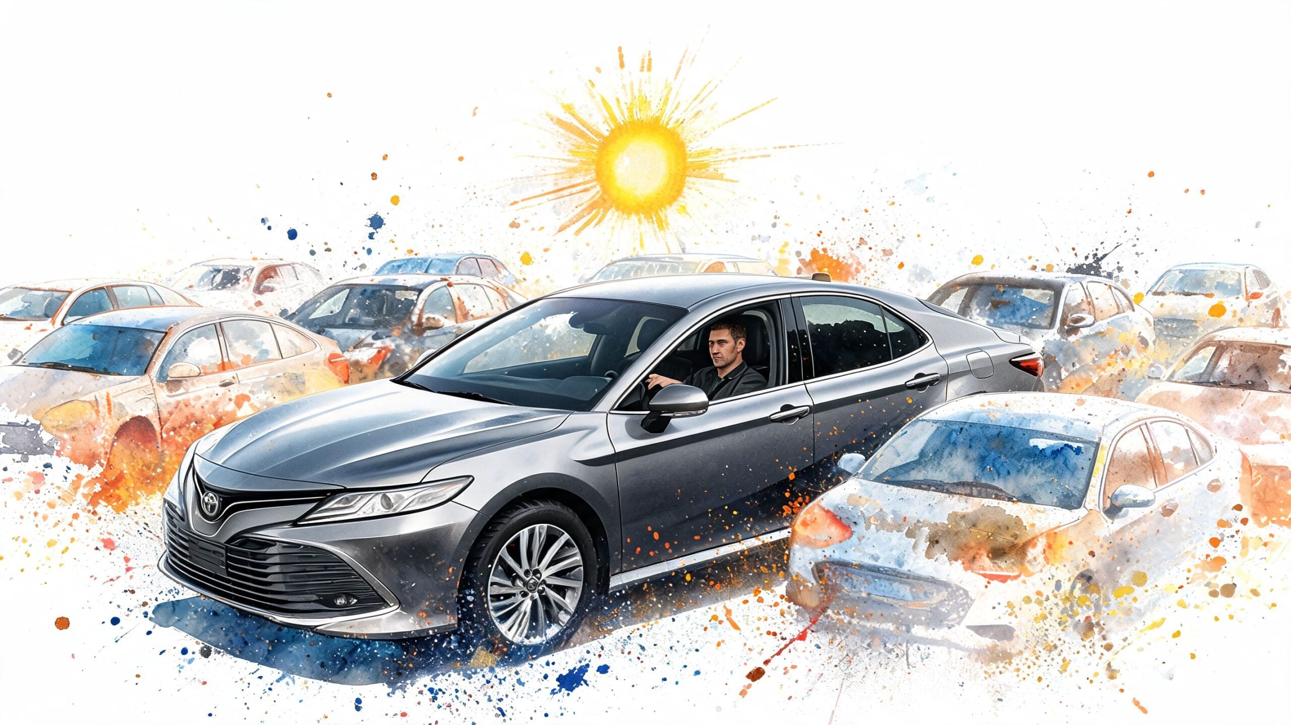 A silver Toyota sedan driving through a bright, stylized scene featuring colorful watercolor paint splatters and summer sunshine.