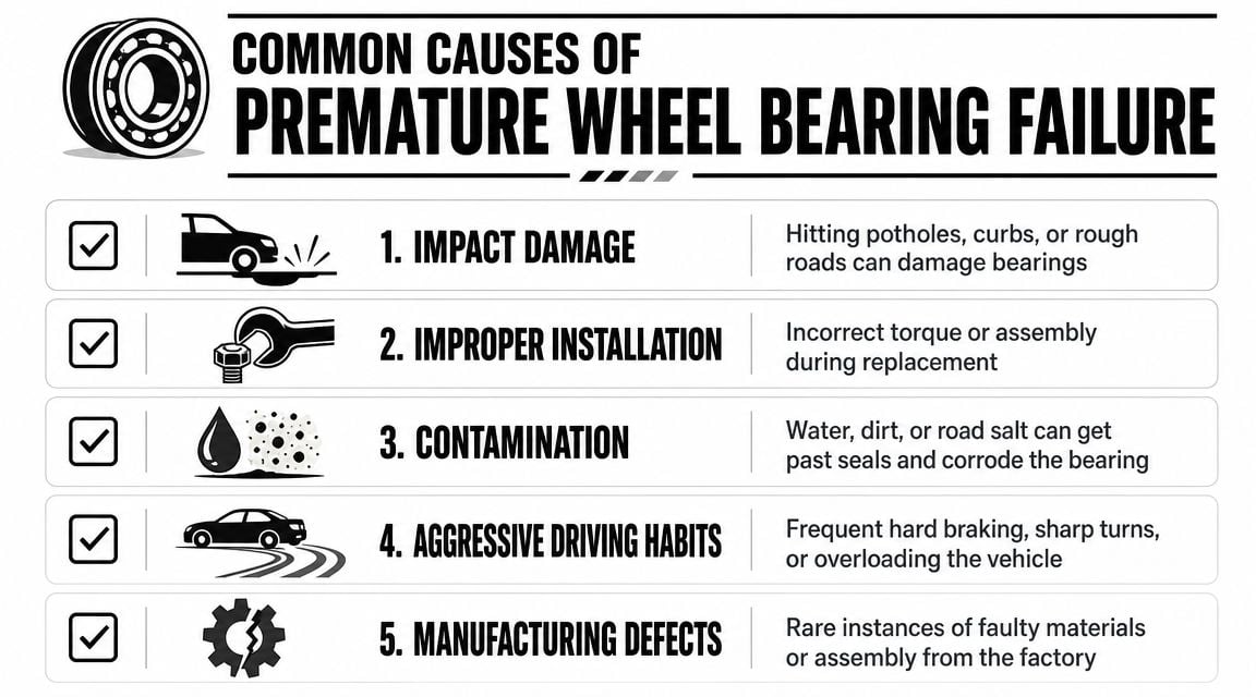 A list of five common causes of premature wheel bearing failure in vehicles, including impacts, installation, and contamination.