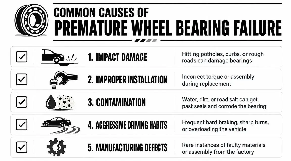 A list of five common causes of premature wheel bearing failure in vehicles, including impacts, installation, and contamination.