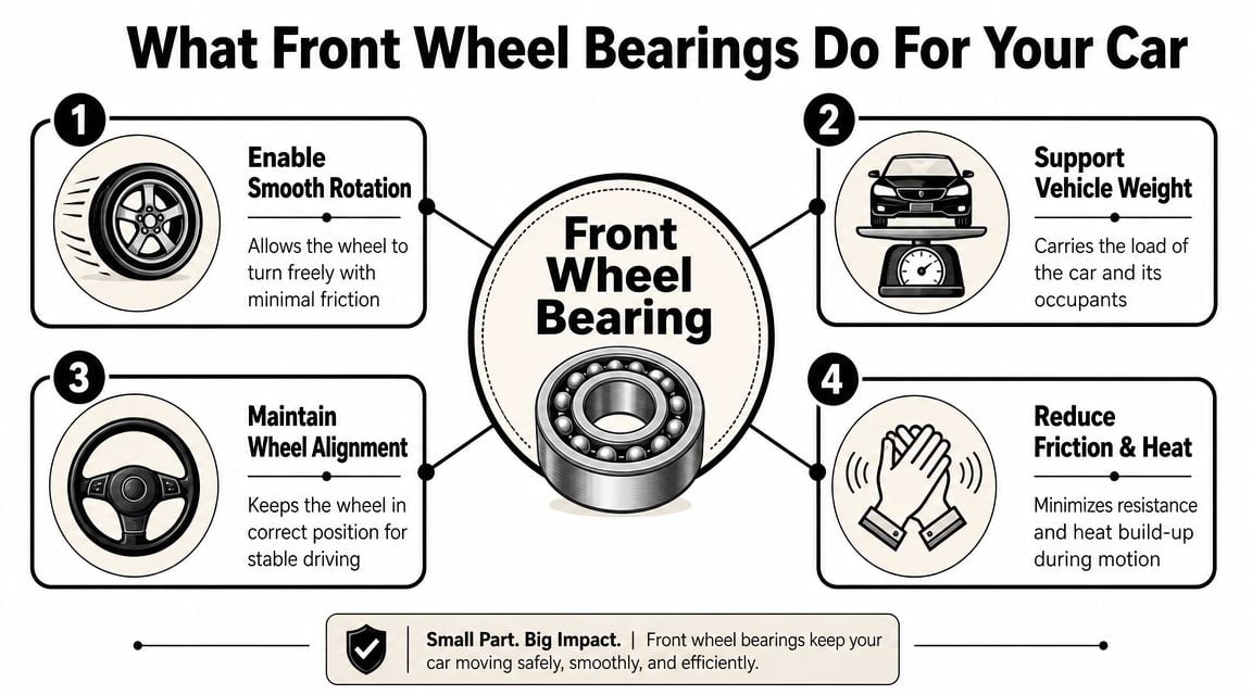 An infographic detailing the four essential functions of automotive front wheel bearings for smooth vehicle operation.