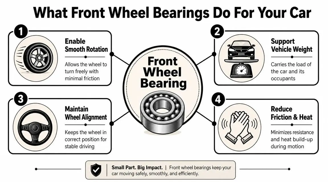 An infographic detailing the four essential functions of automotive front wheel bearings for smooth vehicle operation.