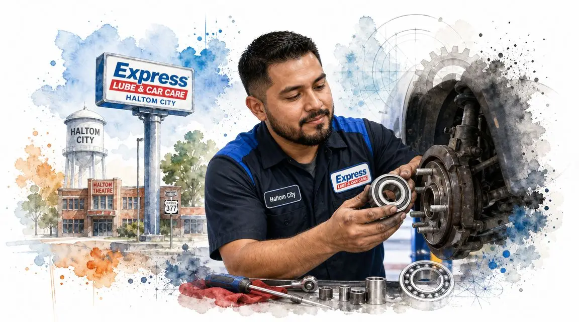 A professional mechanic in a blue uniform inspecting car front wheel bearings at a repair shop.