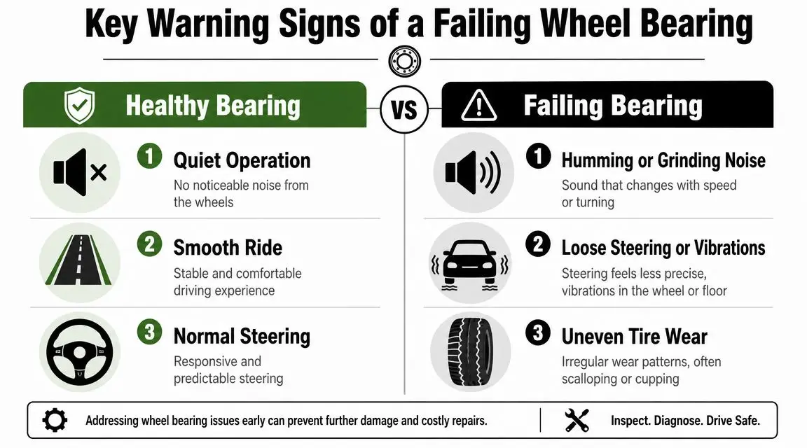 A comparison chart showing key warning signs of a healthy versus a failing car wheel bearing.