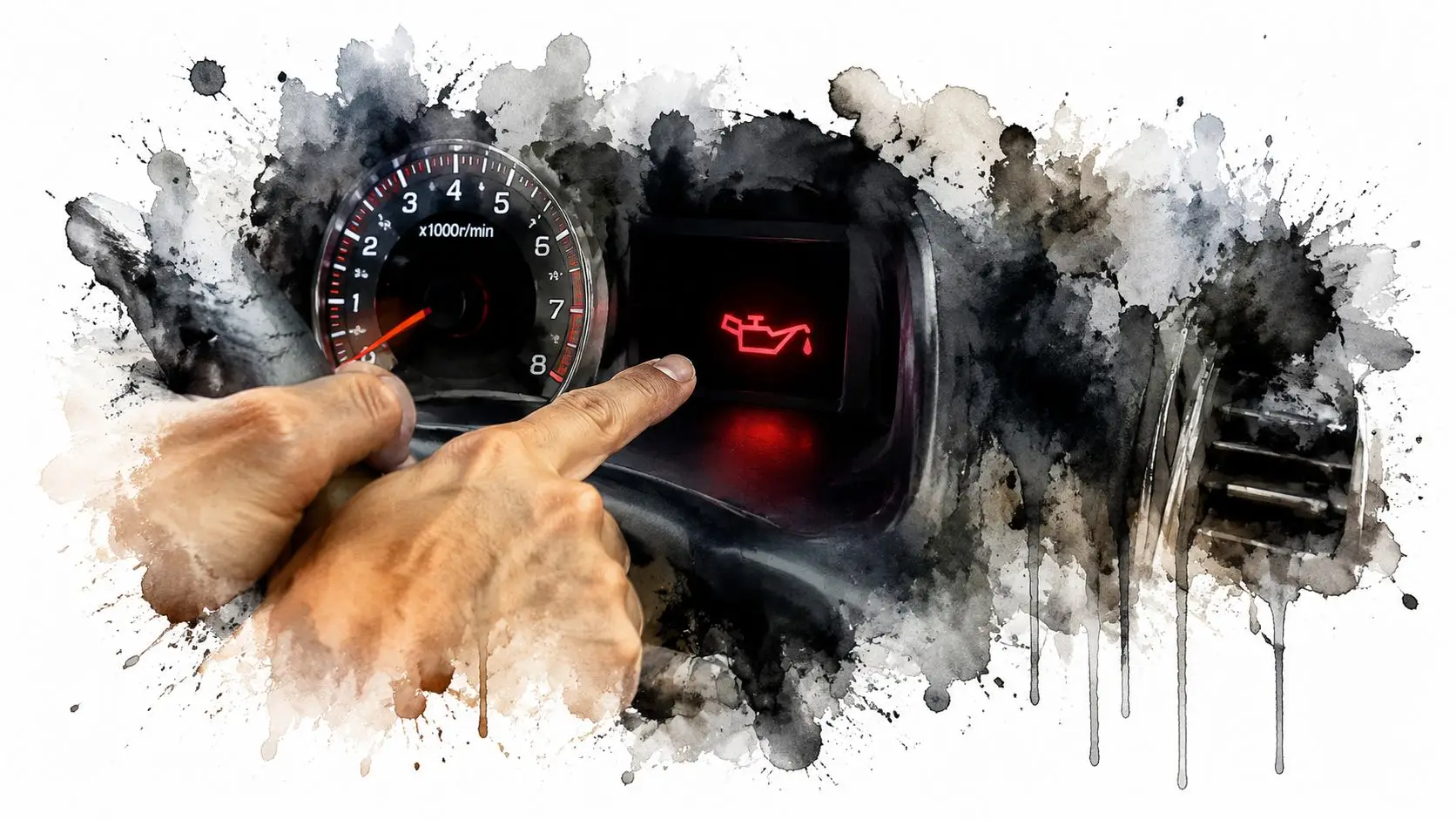 A person pointing at an oil pressure warning light on a car dashboard while driving.