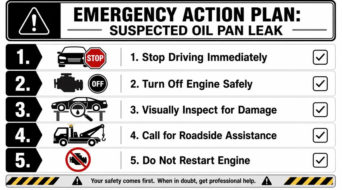 A safety infographic titled Emergency Action Plan for a suspected oil pan leak with five numbered steps.