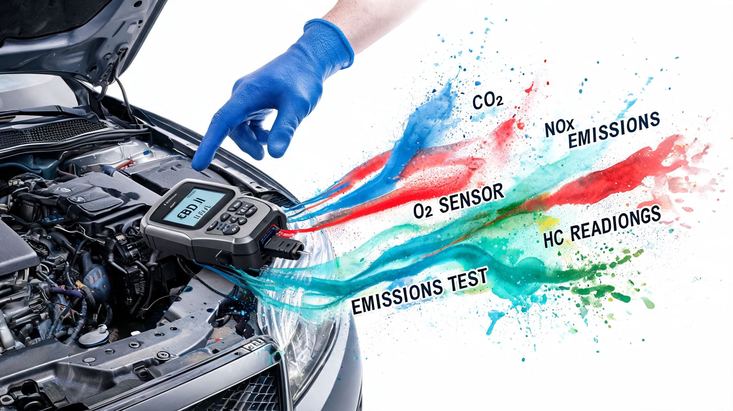 A technician performing a car emissions test using a diagnostic scanner on an open vehicle engine bay.