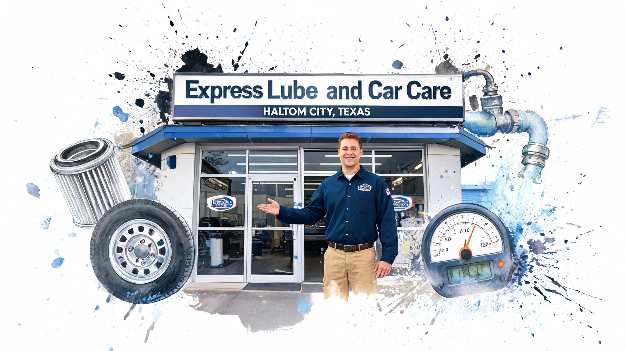 A smiling service technician standing in front of an Express Lube and Car Care center in Texas.