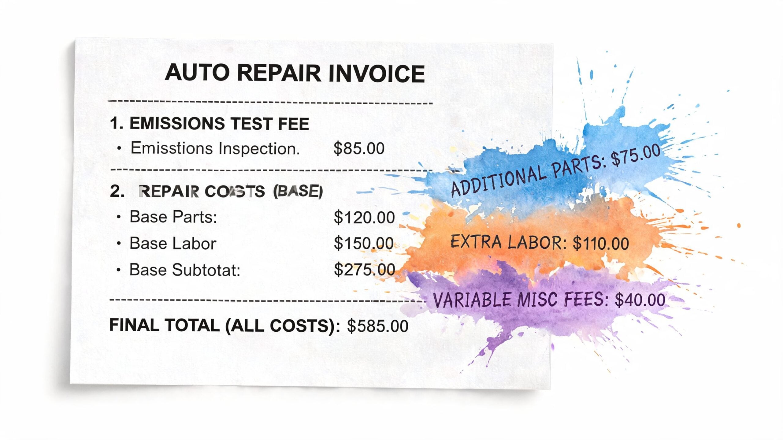 An auto repair invoice showing an emissions test fee and various repair costs totaling five hundred eighty-five dollars.