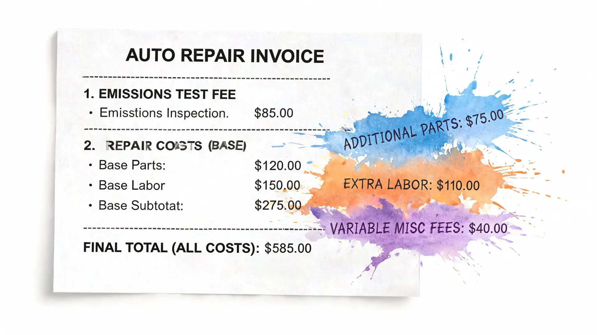 An auto repair invoice showing an emissions test fee and various repair costs totaling five hundred eighty-five dollars.