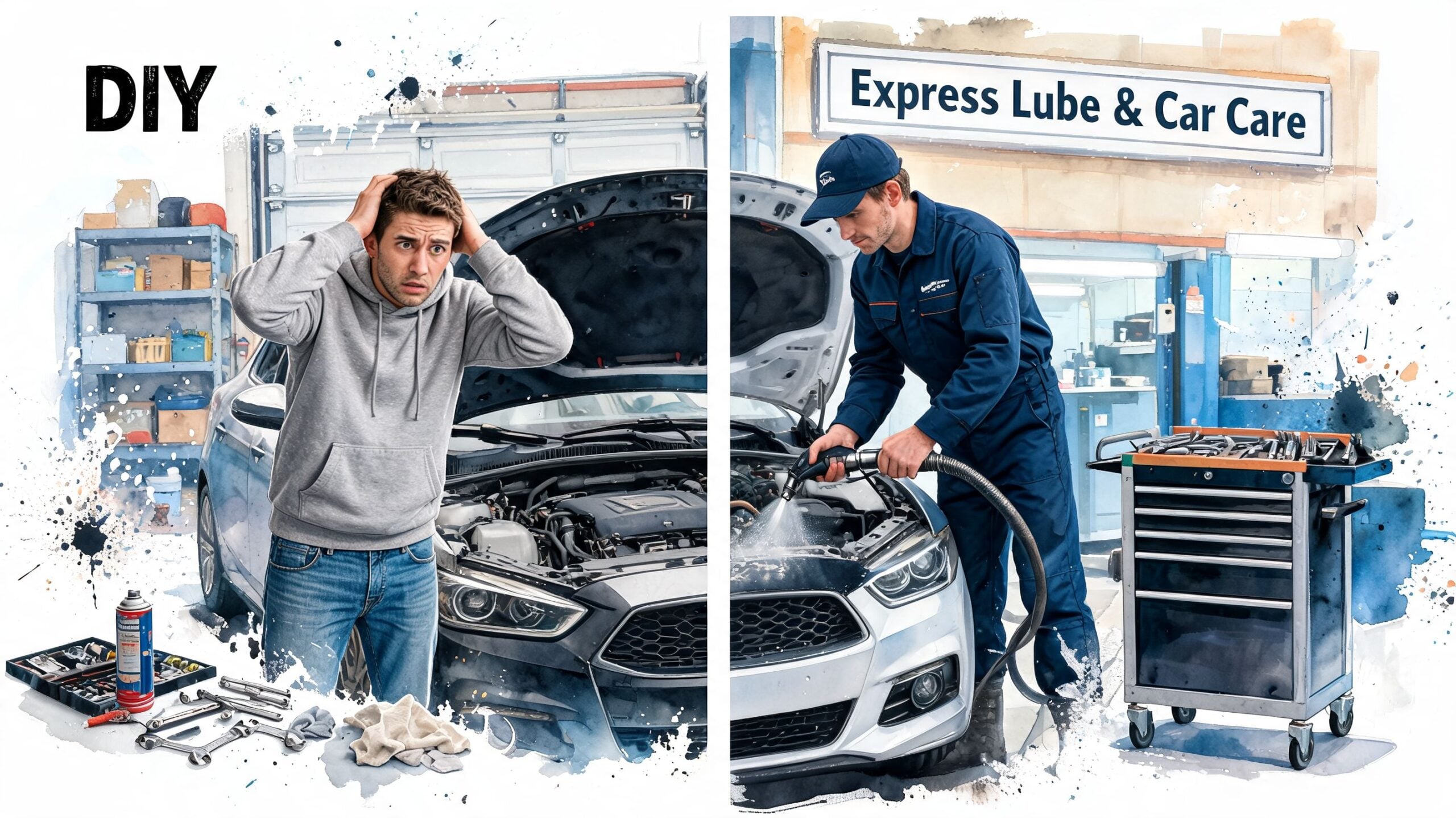 A split-screen comparison showing a frustrated person DIY car repair versus a professional cleaning a car engine.