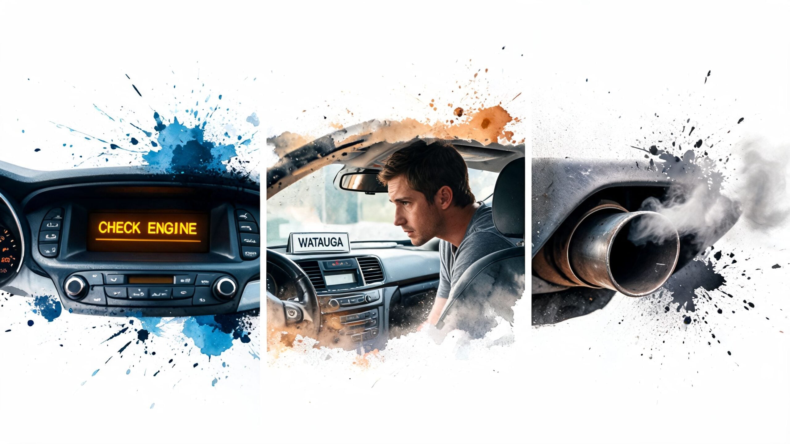 A digital composite showing a car dashboard with a check engine light, a worried driver, and smoking exhaust.