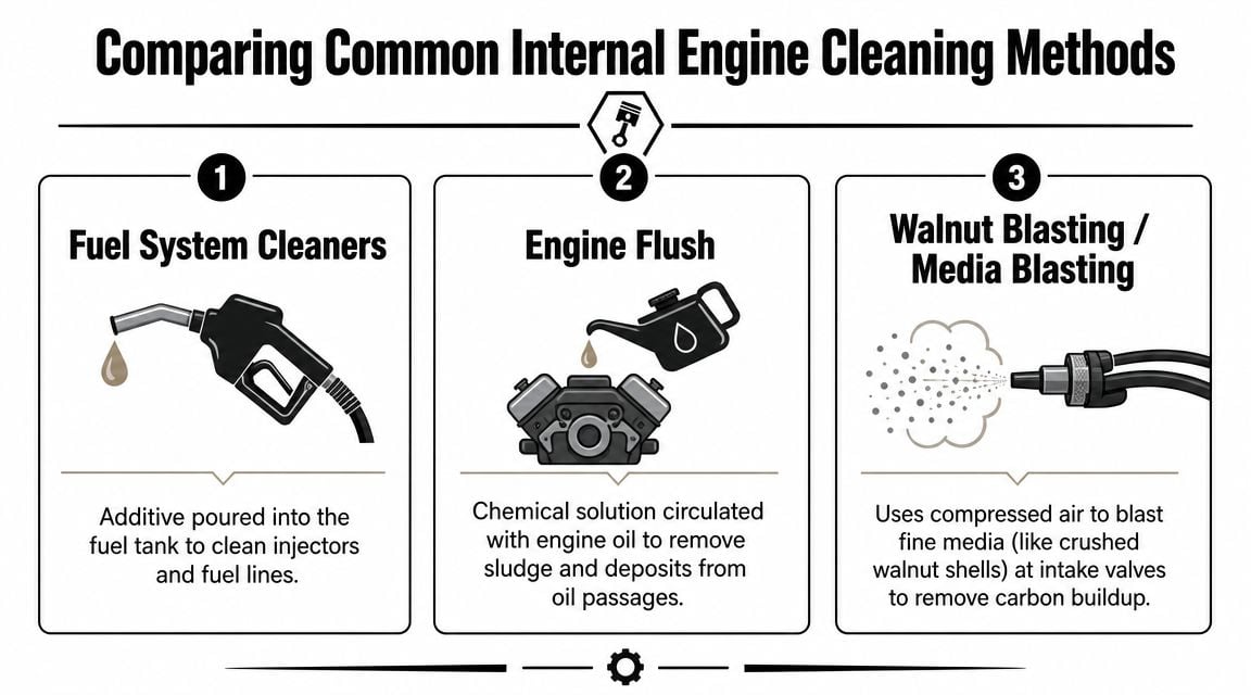 A graphic comparing three common internal engine cleaning methods: fuel system cleaners, engine flush, and walnut blasting.