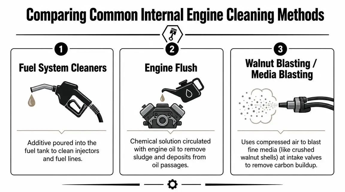 A graphic comparing three common internal engine cleaning methods: fuel system cleaners, engine flush, and walnut blasting.