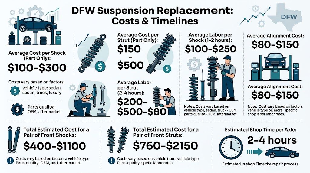 An infographic detailing the average costs and time estimates for shock and strut replacement in DFW.