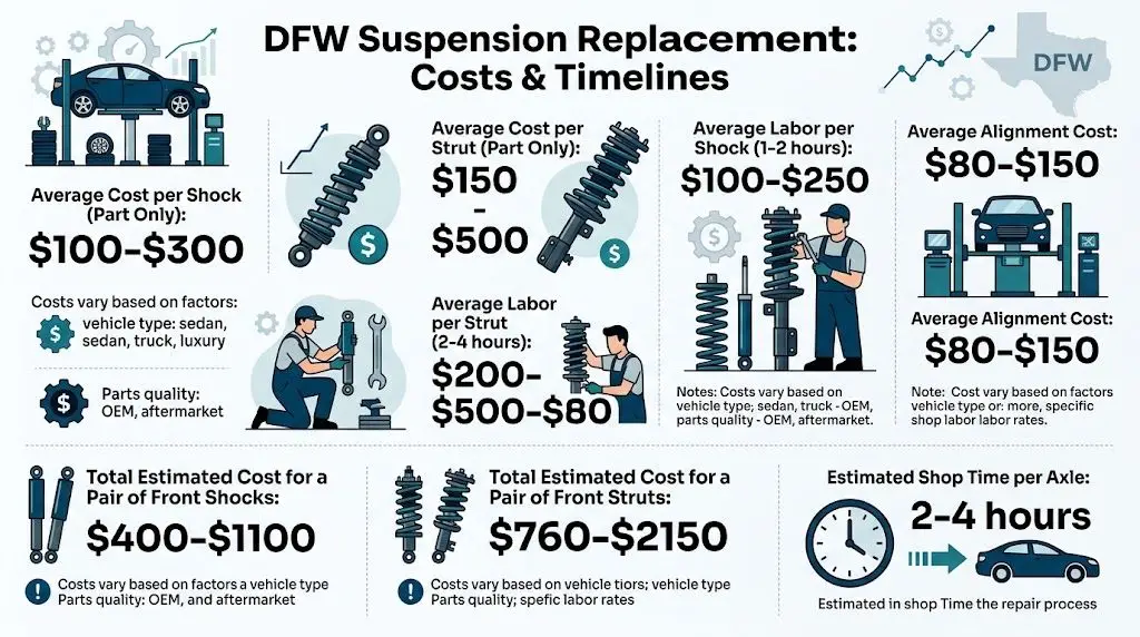 An infographic detailing the average costs and time estimates for shock and strut replacement in DFW.