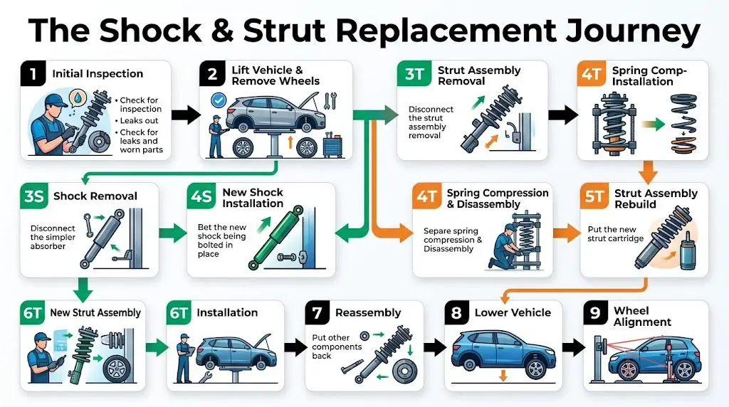 A detailed infographic showing the step-by-step process of replacing vehicle shock absorbers and strut assemblies.