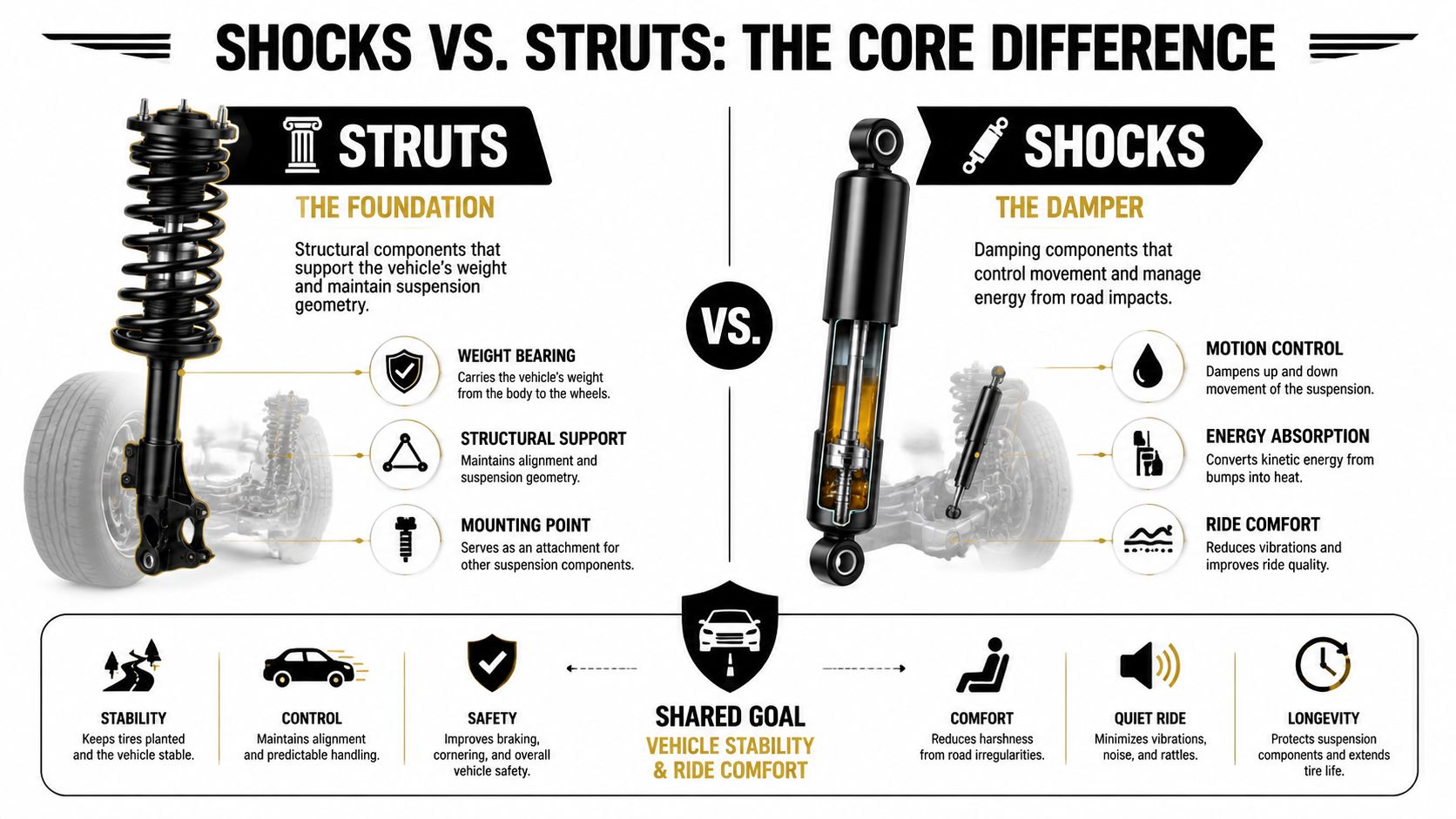 An infographic comparing automotive struts and shocks, illustrating their different functions and shared goal for vehicle stability.